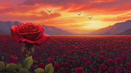 sunset view featuring a detailed close-up of a fully blossomed crimson red rose in the foreground, with an expansive field of magenta pink roses stretching towards the horizon. The sky glows 
