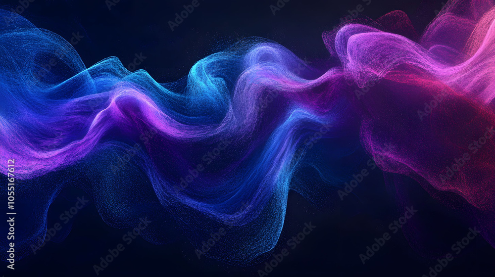 Poster blue background with swirling clouds and a flowing pattern, featuring hints of smoke and light for a
