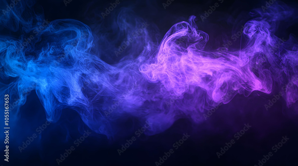 Poster blue background with swirling clouds and a flowing pattern, featuring hints of smoke and light for a