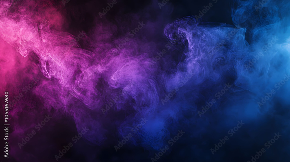 Poster blue background with swirling clouds and a flowing pattern, featuring hints of smoke and light for a
