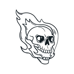 Burning skull with fire flames, ink drawing. Vintage skeleton, dead head bone, detailed tattoo design in creepy haunted style. Hand-drawn engraved vector illustration isolated on white background