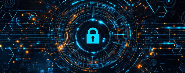 Blue padlock lock on digital futuristic tech circle background. Cyber security and protection of private information and data concept. Firewall antivirus from hacker attack.