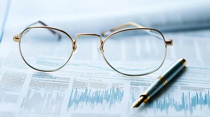 Stylish glasses and a polished pen rest on detailed financial analysis reports, showcasing important market data