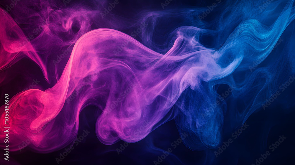 Poster blue background with swirling clouds and a flowing pattern, featuring hints of smoke and light for a