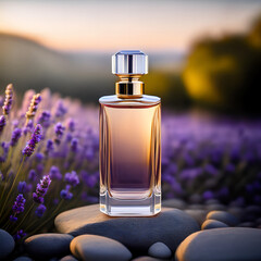 An elegant bottle of women's perfume with a delicate aroma stands on a stone surrounded by lavender. 