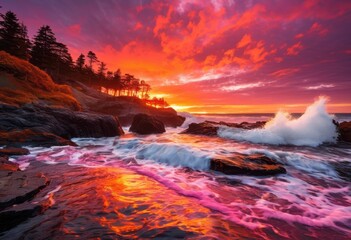 Fototapeta premium vibrant shoreline landscape featuring dramatic lively colors during majestic coastal sunrise, beach, coastline, waves, ocean, sea, water, sky, sunset