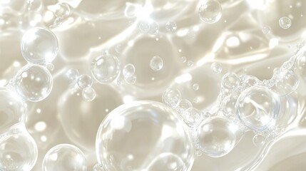 Fototapeta premium 2410 26.A close-up vector illustration of clear hyaluronic acid bubbles, suspended in a translucent liquid. The bubbles vary in size and reflect light, creating a sense of purity and hydration,
