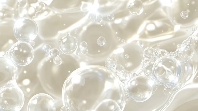 2410 26.A close-up vector illustration of clear hyaluronic acid bubbles, suspended in a translucent liquid. The bubbles vary in size and reflect light, creating a sense of purity and hydration,
