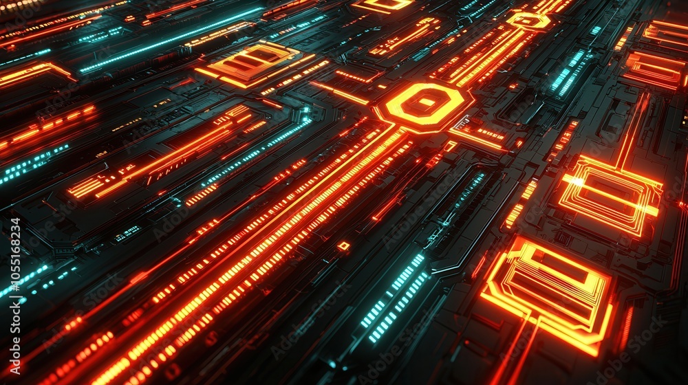 Poster dynamic neon circuit design showcasing intricate patterns and vibrant colors, ideal for technology a