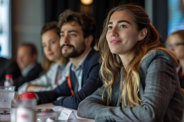 Obraz premium Participants engaged in a professional discussion at a conference.