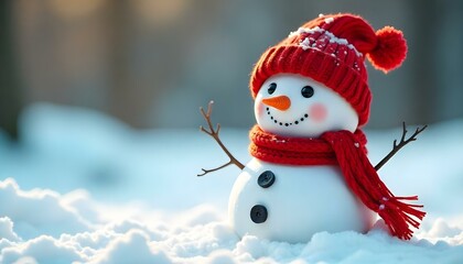 Snowman with a red hat and scarf, coal eyes and a bright orange carrot nose with copy space