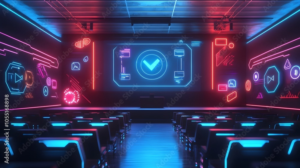 Poster futuristic 3d visualization of a modern lecture hall with a holographic presentation screen neon lig