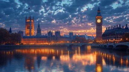 Obraz premium The Houses of Parliament and Big Ben illuminated at dusk with a dramatic sky and reflection in the River Thames.