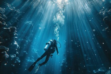 Scuba diver exploring underwater with sunlight rays illuminating ocean depths.