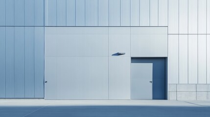 Modern Industrial Entrance: Sleek, minimalist architecture featuring a large, closed roll-up door and a smaller pedestrian door set against a contemporary metal facade.