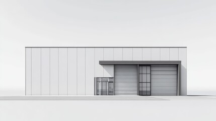 Fototapeta premium Modern Industrial Building Design: A sleek and minimalist industrial building with large glass doors and a modern canopy. The building is rendered in a simple and clean style.