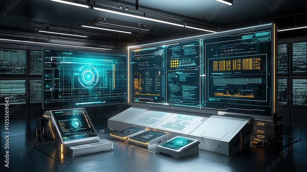 Poster futuristic control room with advanced technology and digital interfaces, ideal for sci-fi or tech-re