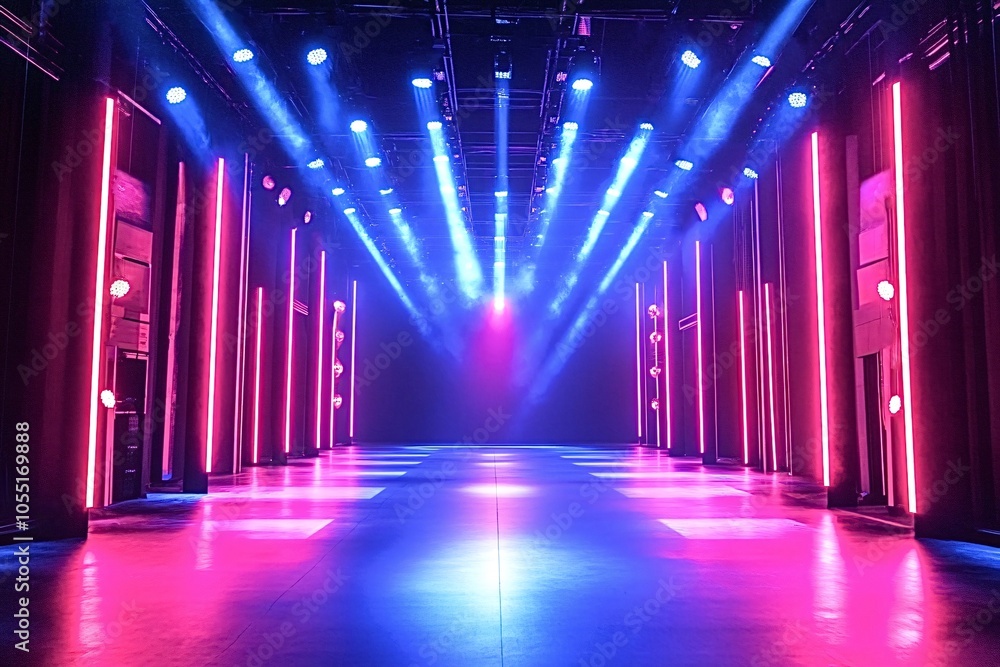 Poster futuristic empty stage illuminated with blue and pink lights creating a vibrant and exciting atmosph