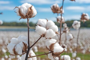 A close-up shot of a field of cotton plants with white cotton bolls