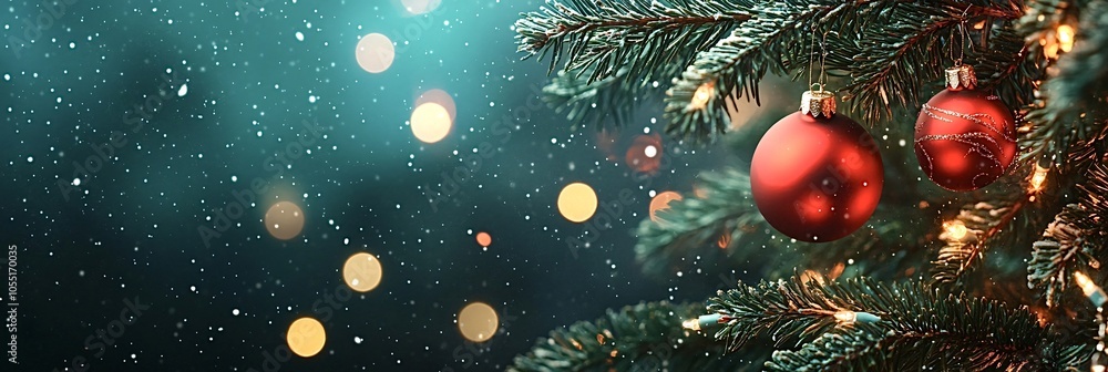 Poster christmas tree decorated with red baubles and string lights with gently falling snow and bokeh effec