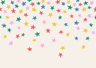 Seamless abstract horizontal pattern, background of bright multi-colored falling down сute stars, confetti on light background, hand drawn illustration, flat style
