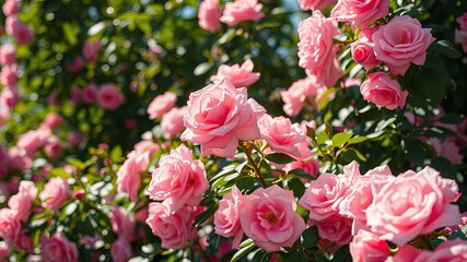 Fototapeta premium A vibrant symphony of soft pink rose blossoms, bathed in sunlight and nestled among verdant foliage, creates a breathtaking tapestry of natural beauty.