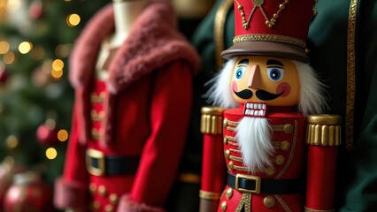 The festive scene features a nutcracker alongside red Santa coats. A decorated Christmas tree glows softly in the background, enhancing holiday warmth.