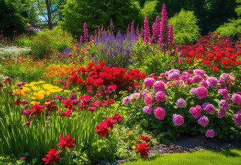 Obraz premium vibrant flower beds featuring diverse plantings colorful blooms lush foliage outdoor landscape, annuals, backyards, biodiversity, blooming, botanical, community