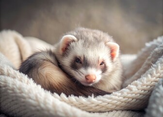 Cozy Ferret Sleeping in a Bed with Peaceful Expression - Adorable Pet in Relaxation, Perfect for Animal Lovers and Home Decor Stock Photos