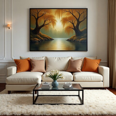 Painting of a forest with a lake in the background hangs on the wall