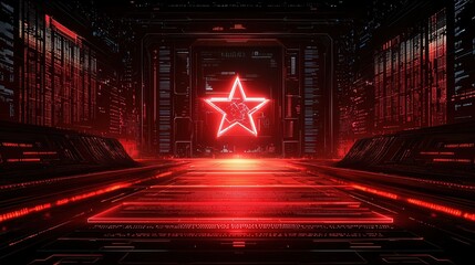 Naklejka premium Futuristic hallway with glowing red star symbol illuminated in a high-tech environment, perfect for science fiction themes.