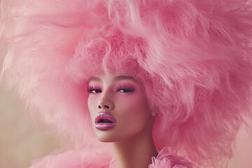 a androgynous male wearing female makeup with pink dominating the color and having a bouffant hairstyle , with elegant dress 