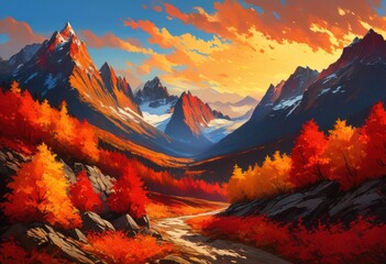 breathtaking expansive mountain view capturing vibrant tones autumn foliage surrounded majestic peaks clear skies, adventure, alpine, beauty, cliffs