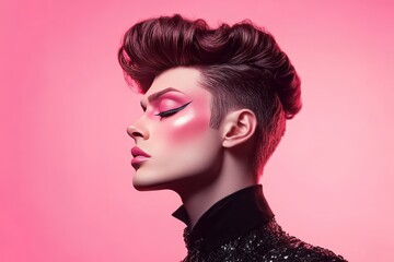 a androgynous male wearing female makeup with pink dominating the color and having a bouffant hairstyle , with elegant dress 