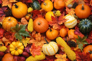 Harvest display featuring pumpkins and corn nestled among vibrant autumn leaves.