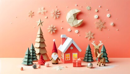 Obraz premium cute Christmas decoration, ornaments, Christmas tree, Christmas balls, gifts in new year xmas, origami paper craft style, peach background
