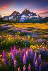 Fototapeta premium majestic peaks set vibrant wildflower fields showcasing breathtaking beauty colorful landscapes scenic view, alpine, altitude, backdrop, biodiversity