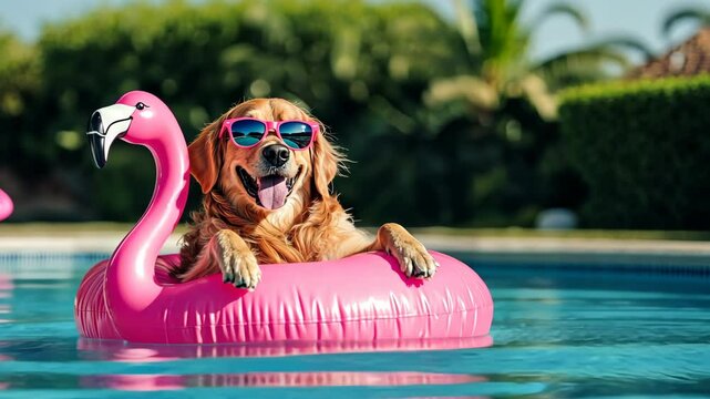 A golden retriever wearing sunglasses floats on a flamingo pool float in a pool
