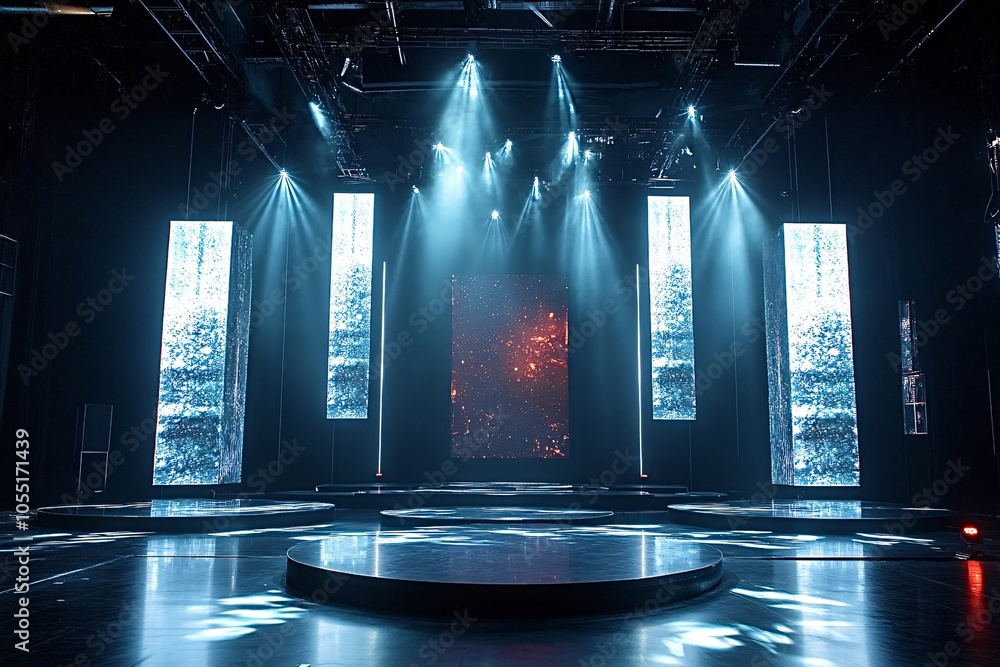 Poster empty stage illuminated by spotlights, featuring digital screens displaying cosmic imagery, creating