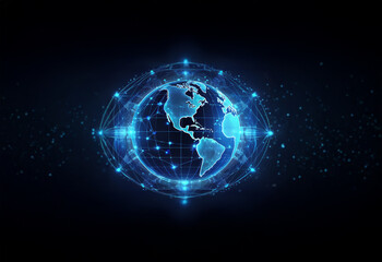 Obraz premium A glowing blue globe with a network of lines and dots, representing global connectivity, on a dark background.
