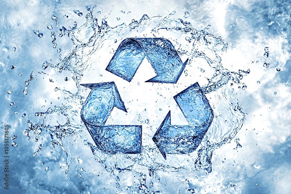 Poster crystal-clear water splashes dynamically around the universal recycling symbol, emphasizing the impo