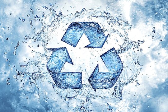 Crystal-clear water splashes dynamically around the universal recycling symbol, emphasizing the importance of water conservation and sustainable practices for environmental preservation