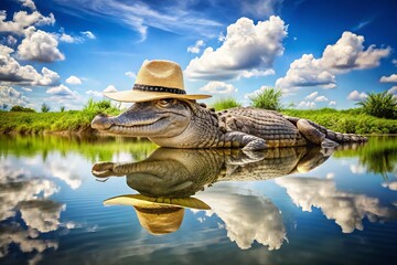 Fototapeta premium Crocodile lounging in a lake, sporting a hat. Quirky wildlife photography captures unique animal portraits, nature humor, and creative landscapes of fun-filled crocodile adventures.