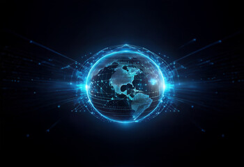 Obraz premium A blue, glowing, digital sphere representing the Earth is surrounded by lines of light.