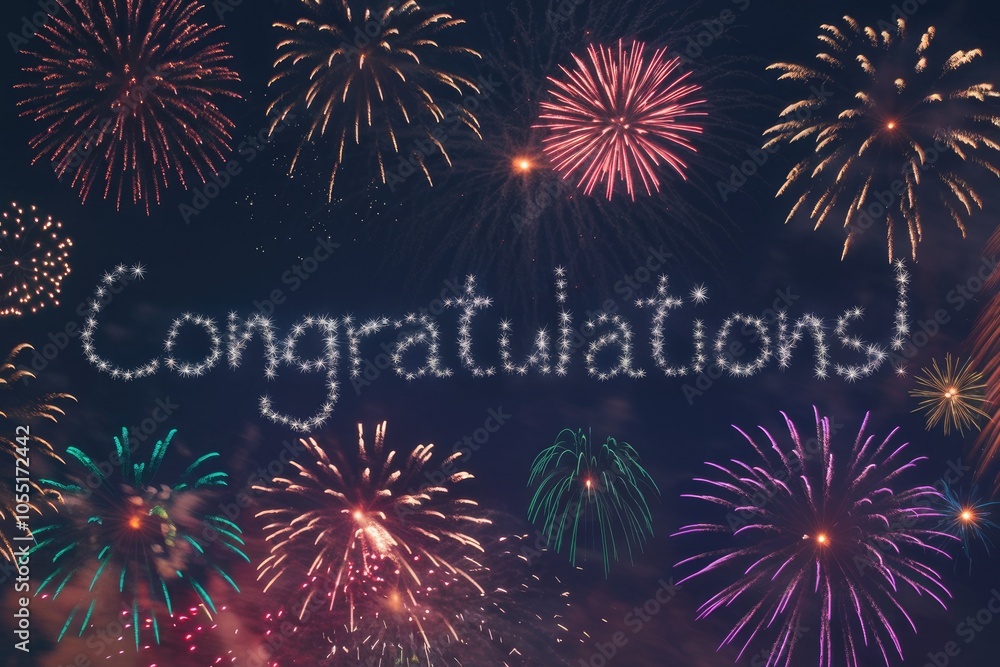 Poster congratulations sparkling text with colorful fireworks exploding in night sky