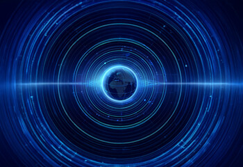 A blue globe is surrounded by concentric circles, glowing with light in a dark blue background.