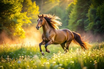Obraz premium Majestic Horse Running Through Lush Green Field in Candid Photography - Nature's Beauty Captured with Grace and Freedom, Evoking Joy and Serenity in the Great Outdoors
