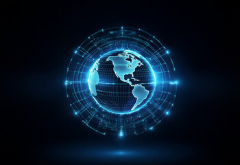 Obraz premium A glowing blue digital globe with a futuristic digital circuit board surrounding it against a dark background.