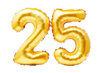 Number 25 twenty five made of golden inflatable balloons isolated on white. Helium balloons; gold foil numbers. Party decoration; anniversary sign for holidays; celebration; birthday; carnival