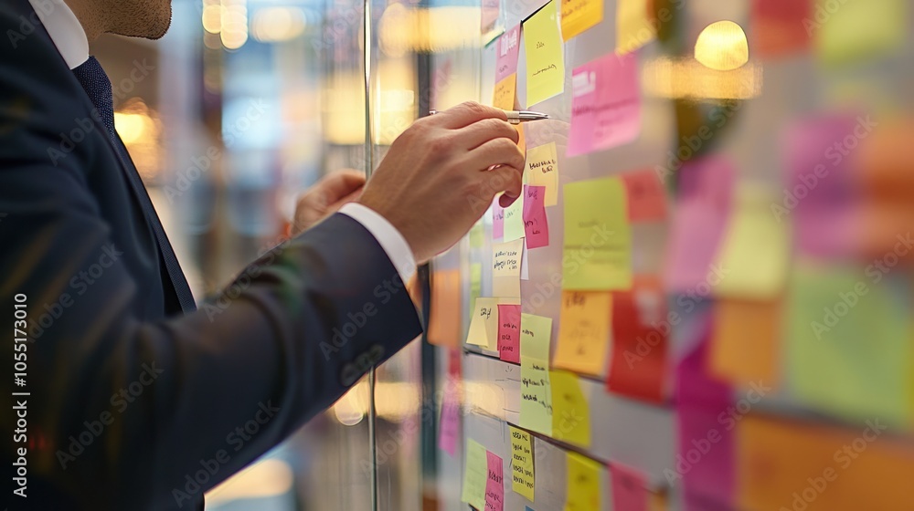 Poster a businessman is adding a sticky note to a glass board covered in colorful sticky notes.